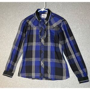 Kenny Rogers Wester Blouse Womens 15/16 Size 38 Pearl‎ Snap Ruffle Blue Plaid